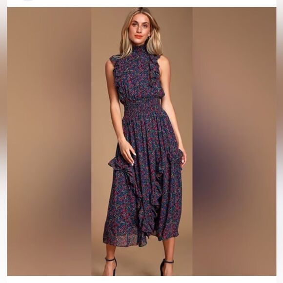 Lulus Evalina Navy Blue Floral Print Mock Neck Midi Dress - Picture 3 of 5